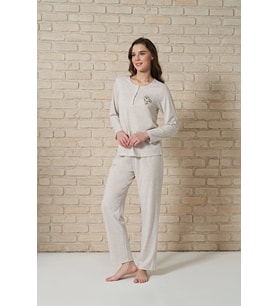 Kadın  Düğme Yaka Detaylı Çiçek İşlemeli   Uzun Kollu Pijama Takımı (Renksiz)