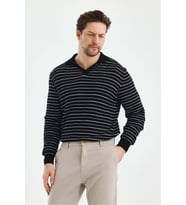 Erkek Patlı Slim Fit Çizgi Detaylı Uzun Kollu Polo Yaka Triko Kazak
