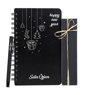 Yeni Yıla Özel Mutlu Yıllar Tasarımlı Ahşap Kapaklı Defter-Kalem Seti