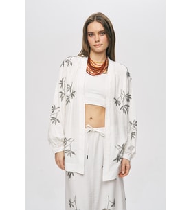 Kadın Yaprak İşlemeli Oversize Kesim Dökümlü Kimono (Ekru)