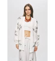 Kadın Yaprak İşlemeli Oversize Kesim Dökümlü Kimono (Ekru)