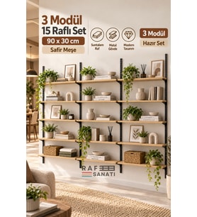 3 Modül 90x30 cm 15 Raflı Geniş Mağaza Duvar Rafı Konik Dikme Sistem Safir Meşe Suntalam