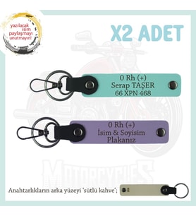 Motosiklet Aşıkları İçin, İsim Plaka ve 0 Rh (+) Kan Grubu, Acil Durum x2 Anahtarlık, Mor-Turkuaz-SK (Çok Renkli)