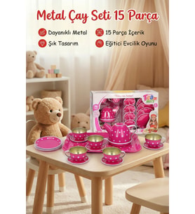 Pembe Puantiyeli Metal Oyuncak Çay Seti 15 Parça - Eğitici Teneke Evcilik Mutfak Oyun Takımı