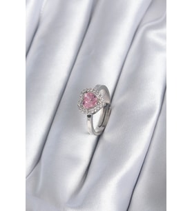 Mey İthalat® Pirinç Gümüş Renk Pembe Zirkon Taşlı Charm Model Kadın Yüzük