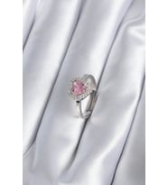 Mey İthalat® Pirinç Gümüş Renk Pembe Zirkon Taşlı Charm Model Kadın Yüzük