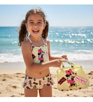 Kız Çocuk karakter Baskılı Eteği Fırfırlı- ip bağlamalı ÇANTA Mayo Bikini 3 lü Takım