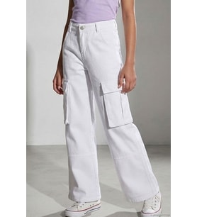 Escabel Kız Çocuk Gabardin Pantolon Kargo Cep Detaylı 10-14 Yaş, Beyaz