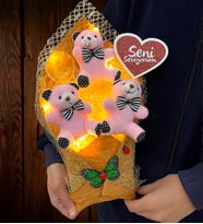 Seni Seviyorum Led Işıklı Pembe Ayıcıklı Peluş Ayıcık Buketi Doğum Günü Hediyesi (Model 2)
