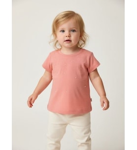 Kız Bebek İnci Detaylı Kısa Kollu T-shirt (Pembe)