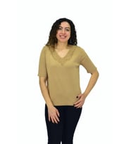Kadın Yarım Kol V Yaka Yaka Sırt Detaylı Triko Tişöt 12835 BGL-ST04657 (Camel)