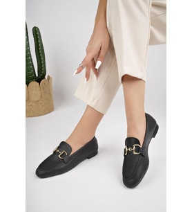 Muggo LİZA Garantili Metal Tokalı Kadın Loafer Günlük Ayakkabı (Siyah)