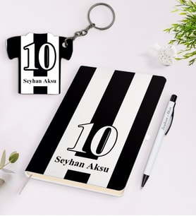 BK Gift Kişiye Özel Siyah-Beyaz Tasarımlı Defter Kalem ve Formalı Ahşap Anahtarlık Seti