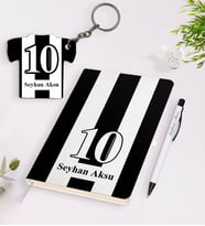 BK Gift Kişiye Özel Siyah-Beyaz Tasarımlı Defter Kalem ve Formalı Ahşap Anahtarlık Seti