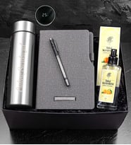 Kişiye Özel 500 ML Gümüş Renk Dereceli Termos & Termo Deri Gri Defter & Siyah Metalik Roller Kalem & Rebul Mandalina Kolonya Hediye Seti