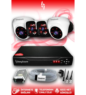 BAYICAM 4 Kameralı Panda 2 İç Kamera Set HDD'siz Full HD Gece Görüşlü Güvenlik Kamerası Sistemi