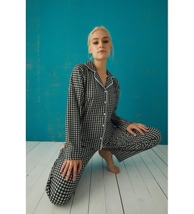Pijamoni Kadın Süet Boydan Düğmeli Pijama Takımı - 5660-4 (Siyah)
