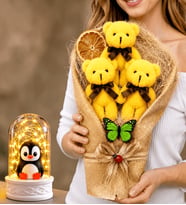 Sarı Peluş Ayıcıklı Buket ve Led Işıklı Penguenli Fanus Hediye Seti