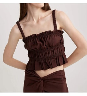 KADIN FİTTED ASKILI BLUZ KT002101 KADIN CROP KAHVERENGİ KROP