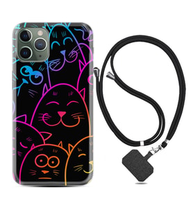 Apple iPhone 11 12 13 14 Pro Max Kılıf Boyun Askılı Silikon Neon Cats 1790