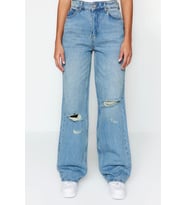 Stil Kadın Moda Denim Kot Pantolon Regular Geniş Paça Vintage Yırtık Detaylı Düşük Bel Jeans (Mavi)