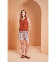 Pjs Kadın Desenli Kiremit V Yaka Sıfır Kol Şortlu Pijama Takım (Krem)