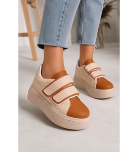 Vera Çift Cırtlı Kadın Günlük Sneaker Kalın Taban Rahat Ayakkabı - Taba