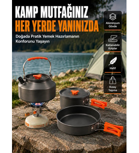 Katlanabilir Kulplu Alüminyum Kamp Tencere Tava Çaydanlık Seti Piknik ve Doğa Kampı İçin