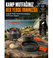 Katlanabilir Kulplu Alüminyum Kamp Tencere Tava Çaydanlık Seti Piknik ve Doğa Kampı İçin