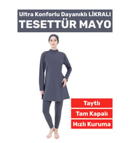 Premium Yüksek Kalite Konforlu Fermuarlı Tam Kapalı Yüzücü Deniz Havuz Taytlı Likralı TESETTÜR MAYO (Füme)