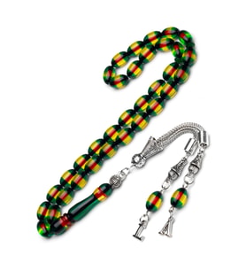 Erkek 7x11mm Harf Püskül Yeşil Sarı Sürmeli Toz Kehribar Tesbih (Çok Renkli)