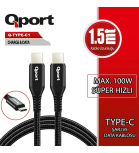 QPORT Q-TYPE-C1 1.5 METRE TYPE-C 100W PD ŞARJ VE DATA KABLOSU