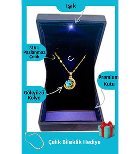 Işıklı Premium Kutuda  Gökyüzü- Gezegen Kolye  316l Çelik- Kararmaz  Hediye Kadın (Gold)