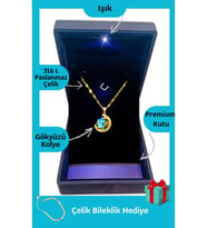 Işıklı Premium Kutuda  Gökyüzü- Gezegen Kolye  316l Çelik- Kararmaz  Hediye Kadın (Gold)