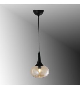 TT602-1-SY-BAL TT Aydınlatma Mat Siyah - Bal Tekli Uzun Hunili Tombul Camlı Avize