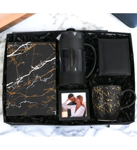 Kişiye Özel Hediye Seti Defter & Kupa Bardak Siyah French Press Çerçeve Ve Erkek Cüzdan (Siyah-Sarı)
