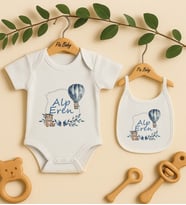 Pia Baby Premium %100 Pamuk İsme Özel Organik Baskılı Çıtçıtlı Bebek Body Ve Önlük 5005-20 (Ekru)