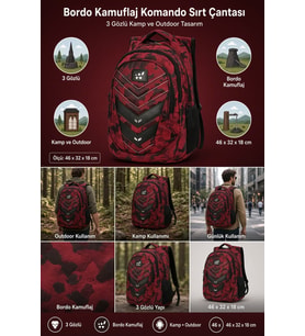 Komando Sırt Çantası Bordo Kamuflaj 3 Gözlü Kamp ve Outdoor 46x32x18 cm