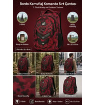 Komando Sırt Çantası Bordo Kamuflaj 3 Gözlü Kamp ve Outdoor 46x32x18 cm