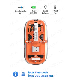 Bluetooth Usb Çift Modlu Sessiz Mouse, Şeffaf Mıknatıslı Kapaklı, Type-c Şarjlı, Dpı Ayarlı, Kablosuz 10m Çekim Mesafeli, Masaüstü Kısayol Tuşlu, Taşınabilir Şarjlı Mouse Turuncu