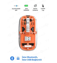 Bluetooth Usb Çift Modlu Sessiz Mouse, Şeffaf Mıknatıslı Kapaklı, Type-c Şarjlı, Dpı Ayarlı, Kablosuz 10m Çekim Mesafeli, Masaüstü Kısayol Tuşlu, Taşınabilir Şarjlı Mouse Turuncu