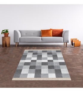 Kare Blok Desenli Dijital Baskı Yıkanabilir Kaymaz Taban Modern Salon Halısı ve Yolluk (Gri)