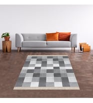 Kare Blok Desenli Dijital Baskı Yıkanabilir Kaymaz Taban Modern Salon Halısı ve Yolluk (Gri)