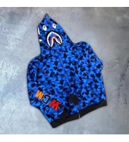 Unisex 2 İplik Bape Kapüşonu Fermuarlı Hırka - Mavi