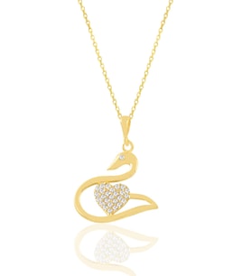 Gümüş altın yaldızlı zirkon taşlı kalpli kuğu kolye SGTL11027GOLD