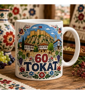 60 Tokat Çiçekli Anadolu Motifli Baskılı Kupa, Tokat Kalesi Tarihi Evler Üzüm ve Yöresel Şehir Temalı Hediye