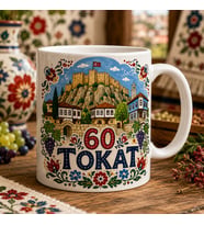 60 Tokat Çiçekli Anadolu Motifli Baskılı Kupa, Tokat Kalesi Tarihi Evler Üzüm ve Yöresel Şehir Temalı Hediye