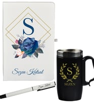 Çiçek Tasarımlı Kişiye Özel Hazırlanmış Defter Kalem Siyah Termos Mug Seti