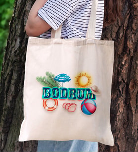 BK Gift Bodrum Temalı Kanvas Bez Plaj Çantası Baskılı Omuz Çantası, Alışveriş Çantası, Arkadaşa Hediye