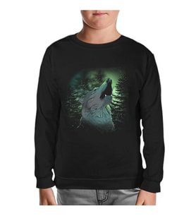Wolf Howling in a Green Light Forest Siyah Çocuk Sweatshirt
